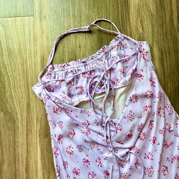 Zara Floral Print Satin Effect Slip Light Mauve Dress Backless Crisscross Size M - Picture 8 of 11